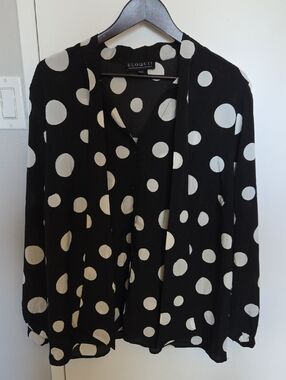 Eloquii Black and White Polka Dot Button-Front Tie-Neck Blouse EUC